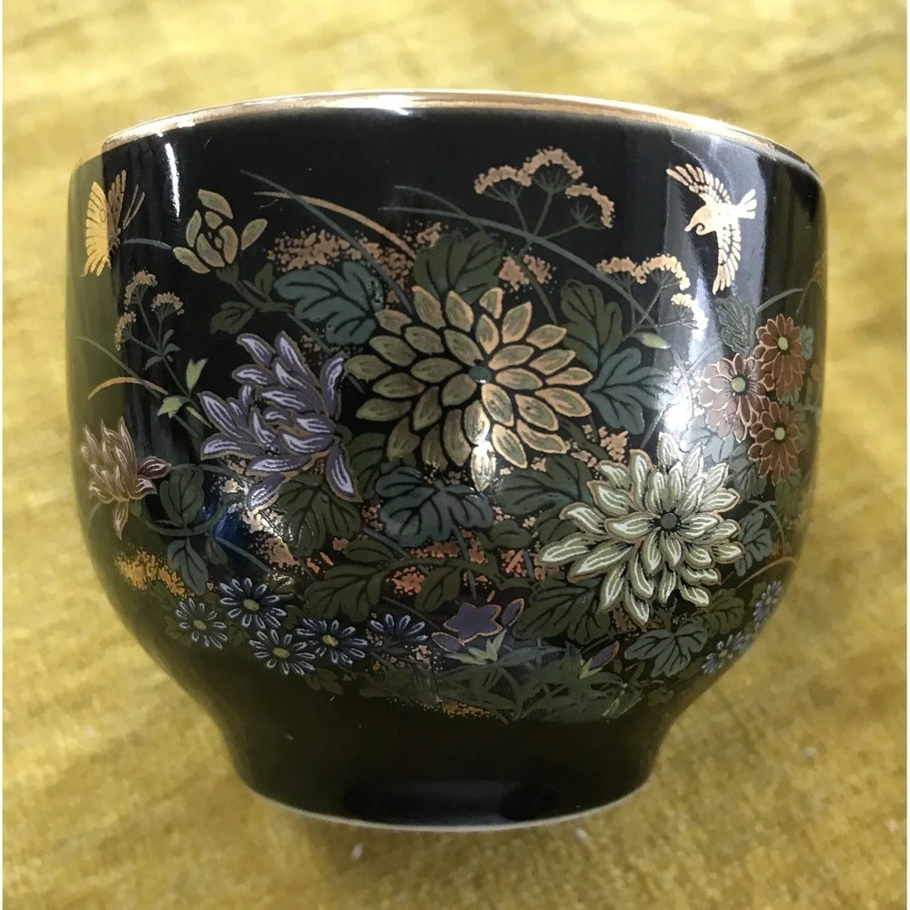 Antique Red Letter Made‎ In Japan Black Floral Sake Cups (2)
